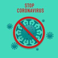 Pare la señal de coronavirus con células de virus y símbolo de advertencia vector