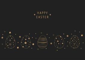 Dark Happy Easter design with outline golden patterned eggs vector