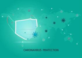 cartel de protección contra el coronavirus con máscara y células en el mapa mundial vector