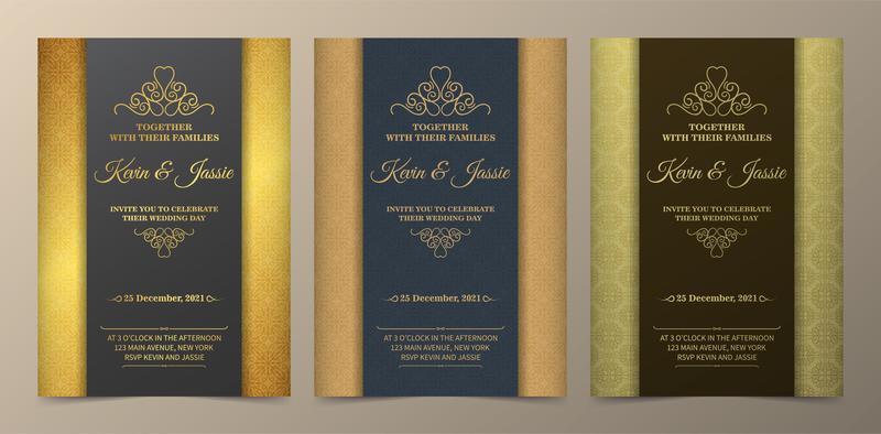 Gold and green vertical section wedding invite set