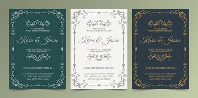 conjunto de invitación de boda ornamental verde, blanco y azul marino vector