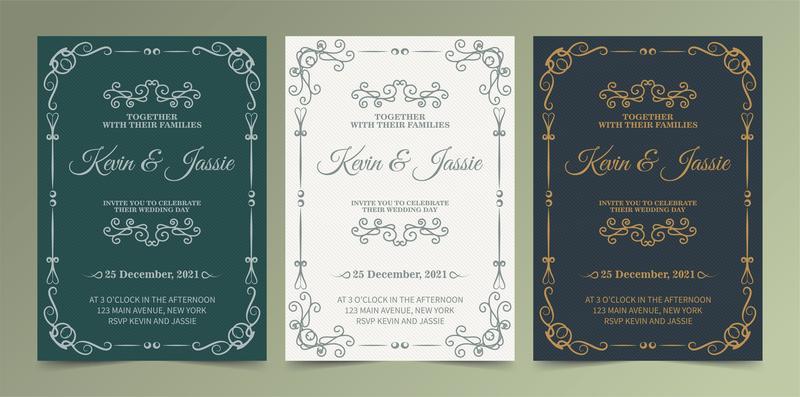 Green, white and navy ornamental wedding invite set