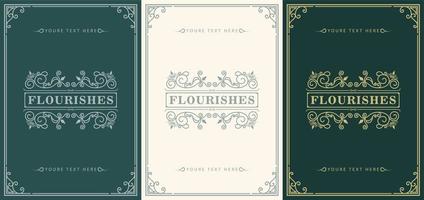 Green, white and gold flourish card set vector