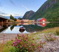 Houses near lake and mountain photo