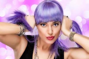 Beauty Joyful Girl. Stylish Purple Hair
