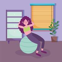 Teenage girl working out with exercise ball at home vector