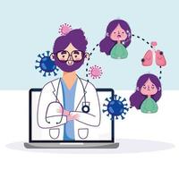 Online health visit with doctor and patient on computer vector