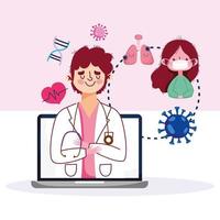 médico y paciente conectados a través de la computadora vector