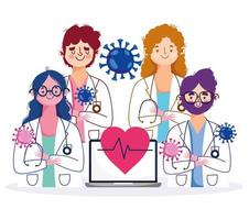 Online health care staff with laptop and stethoscope vector