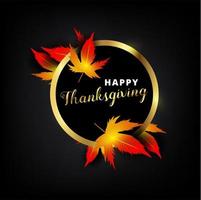 Happy Thanksgiving text in golden metallic frame with leaves vector