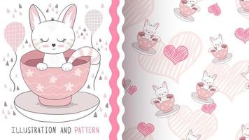 Cat in cup character and seamless pattern vector