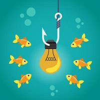 Light bulb on fishing hook surrounded by fish vector