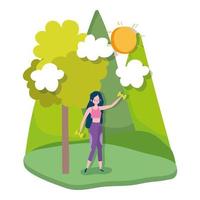 Mujer joven levantando pesas al aire libre diseño aislado vector