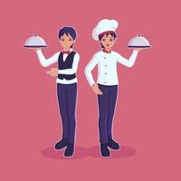 Chef and sous chef holding tray vector