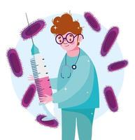 Vaccination icon with doctor holding a syringe vector