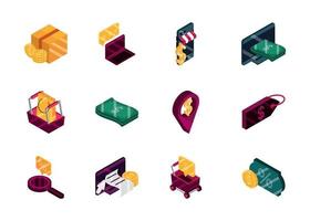 Online shopping and commerce isometric icon pack vector