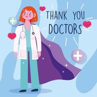 Female physician with cape and thank you lettering vector