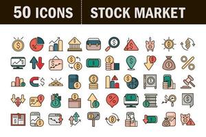 Stock market and financial line and fill color icon collection vector