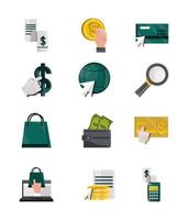 paquete de iconos de estilo plano de pago y finanzas en línea vector