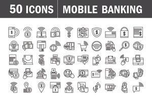 conjunto de iconos de pictogramas de banca móvil y comercio electrónico vector