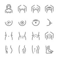 Woman body massage and surgery procedures icon set