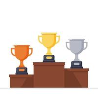 Gold, silver and bronze trophies on winners podium vector