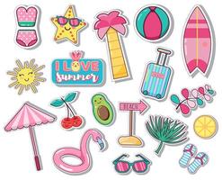 Set of Summer Icons Palm Leaves, Fruits, Flamingo vector