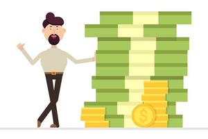Businessman standing to a huge pile of money vector