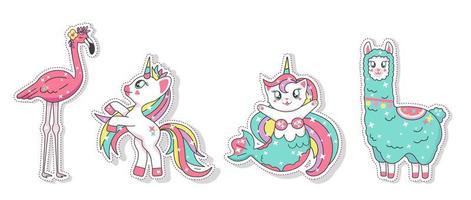 Unicorn, Llama, Flamingo, and Mermaid Cat vector