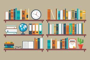 libros, globo y reloj en los estantes vector