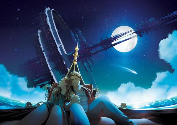 Couple in a gondola boat at night with space at the background