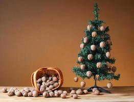 Wallnuts in a wicker basket with a pine tree