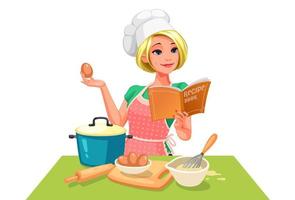 mujer con gorro de cocinero siguiendo una receta vector