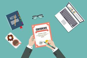 Man hand signing certificate with supplies vector