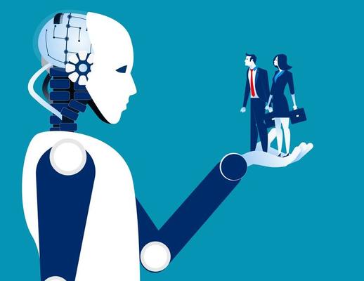 Human business people in robotic hand