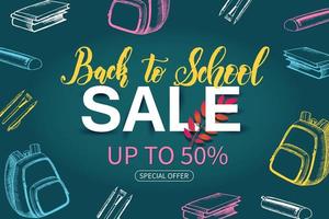 Back to school sale banner with colorful supplies vector