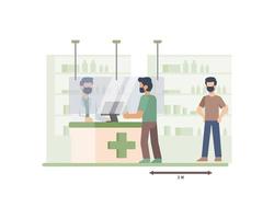 Clientes de farmacia en fila, practicando distancia social. vector