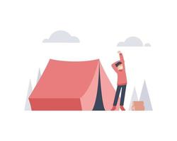 Person stretching in front of a tent outdoors vector