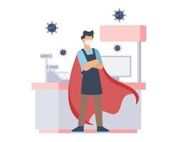 Cashier wearing mask and cape in super hero pose vector