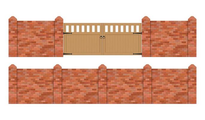 Brick fence with wooden gate isolated 