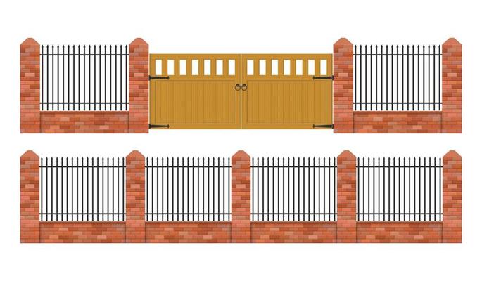 Brick fence with wooden gate isolated