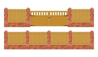 Rustic brick fence with wooden gate  vector