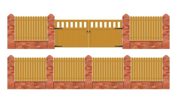 Rustic brick fence with wooden gate 