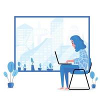 Lady surfing internet in front of window at home vector