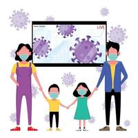 Masked family in front of virus news screen vector