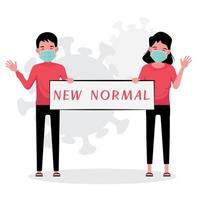 Masked man and woman holding new normal sign vector