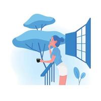Lady with coffee standing on balcony with tree view vector