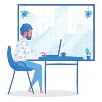 Man working from home on computer by the window vector