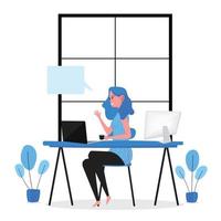 Lady working and communicating on computers at home vector