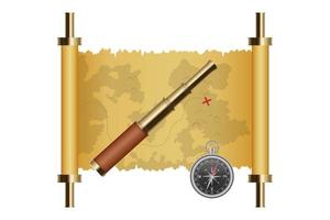 Treasure map, spyglass and magnetic compass isolated vector